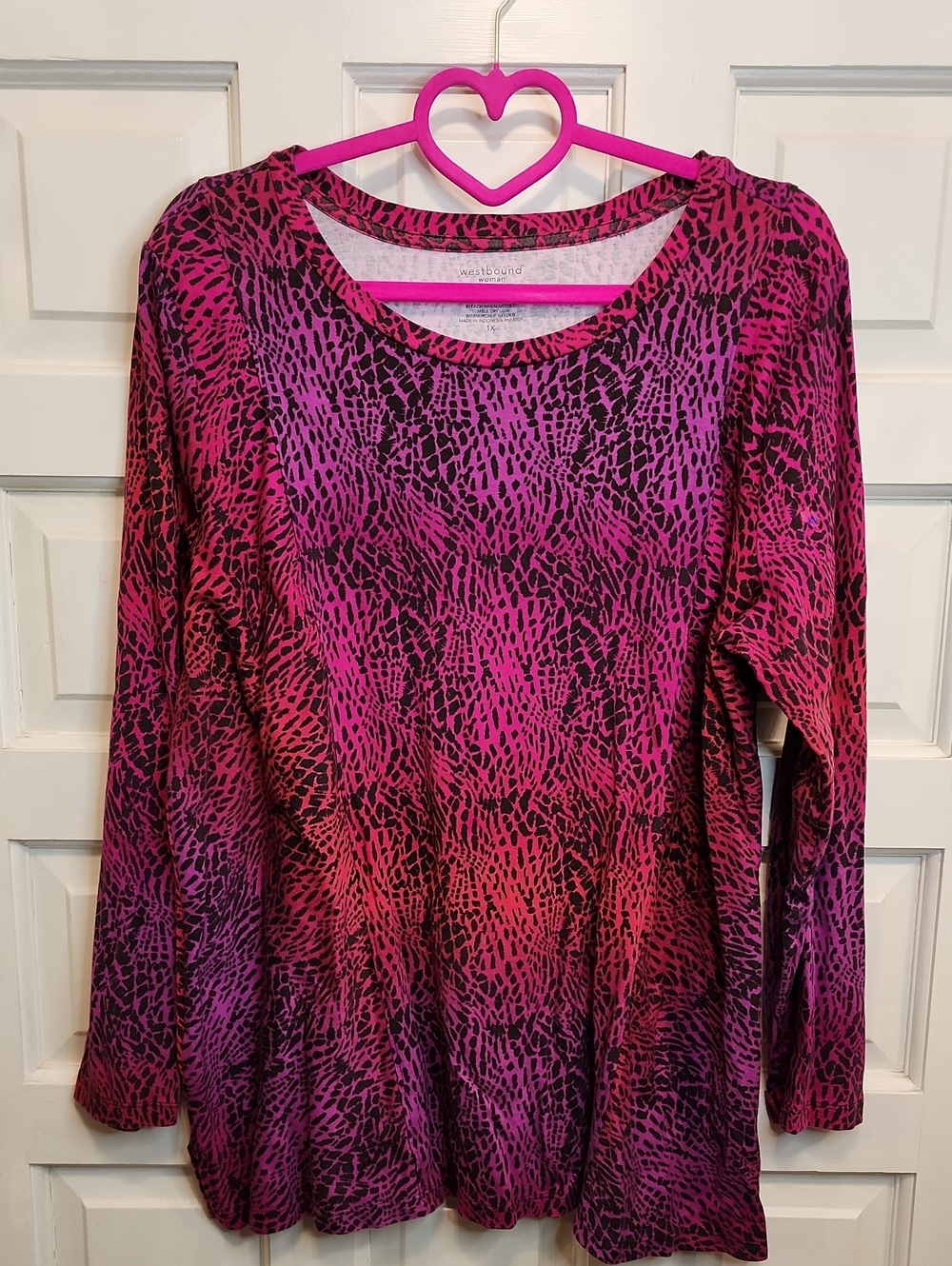 Westbound Woman Pink & Purple Animal Print Long Sleeve Cotton Knit Top